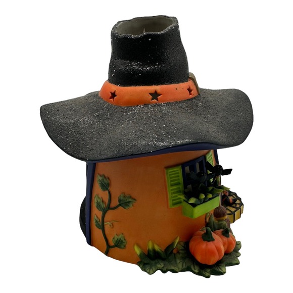 Party Lite Ceramic Pumpkin Witch House‎ Halloween Tea Light Holder P8607 W/Stars - Picture 5 of 7